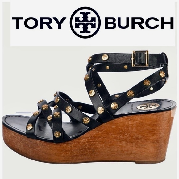 Tory Burch Shoes - Tory Burch Women's Black Leather Studded Wedge Sandals